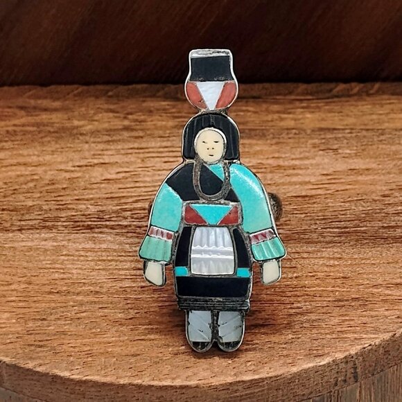Vtg Zuni Signed Madeline Beyuka Olla Maiden Sterling Inlay Gemstone Ring Sz 7.5 - Picture 1 of 9